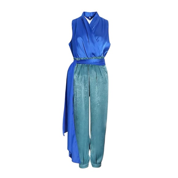 Silk Blue Teal Draping Top & Pant Set - Picture 9 of 12